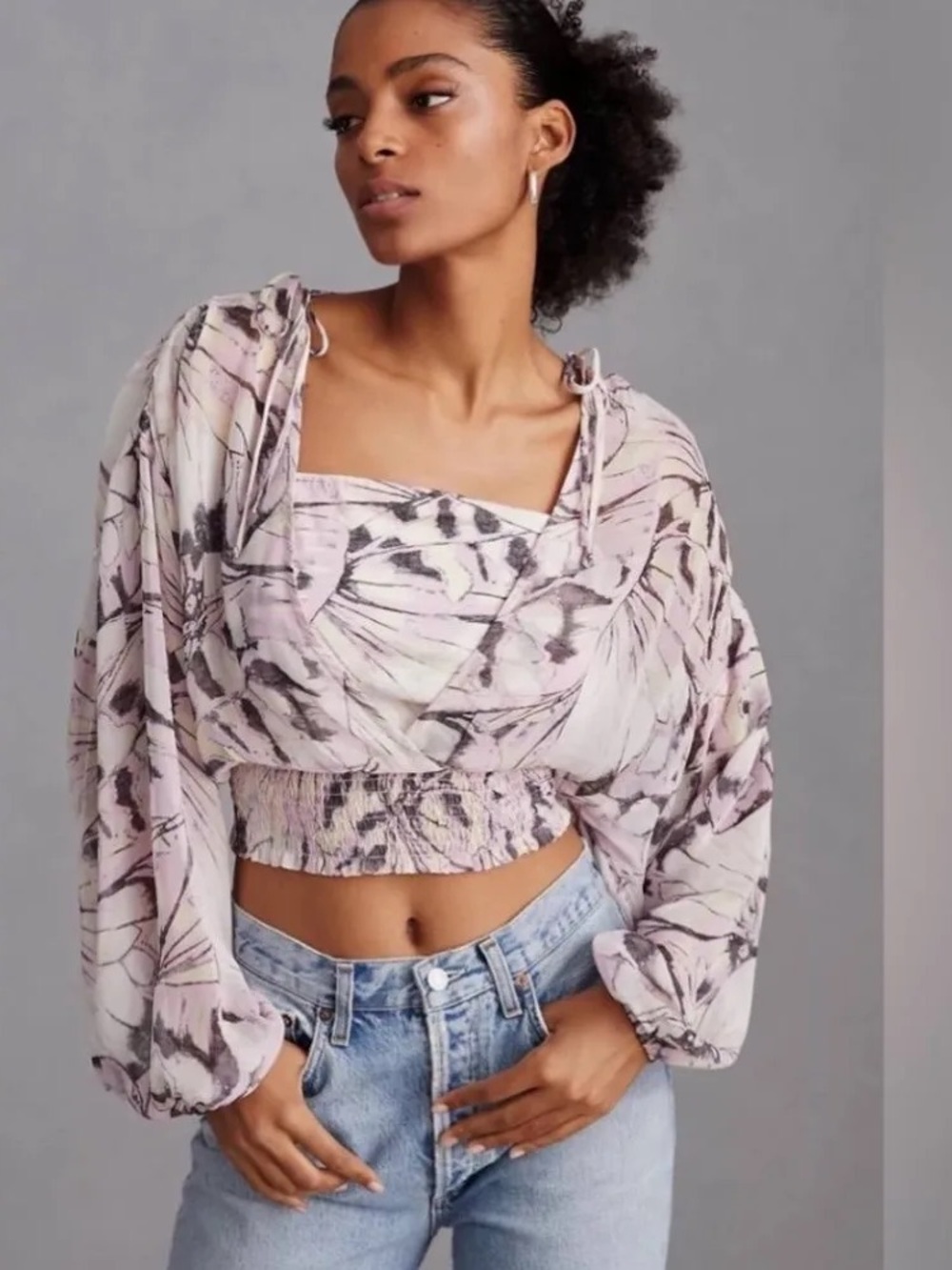 Anthropologie Pink Floral Smocked Crop Top with Puff Sleeves